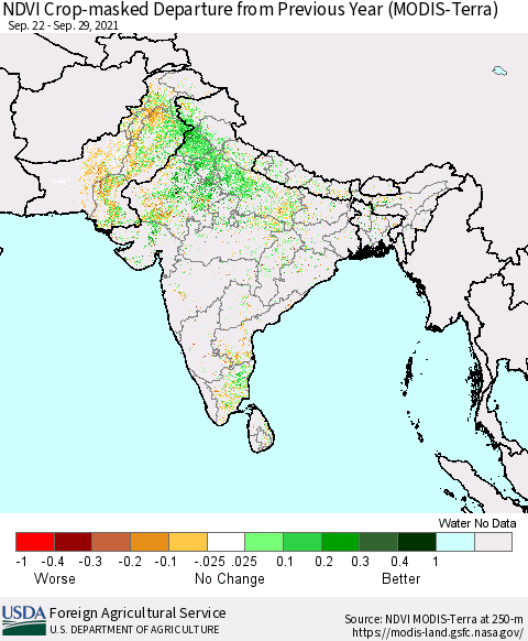Southern Asia Cropland NDVI Departure from Previous Year (Terra-MODIS) Thematic Map For 9/21/2021 - 9/30/2021
