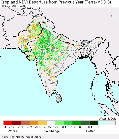 Southern Asia Cropland NDVI Departure from Previous Year (Terra-MODIS) Thematic Map For 9/30/2021 - 10/7/2021