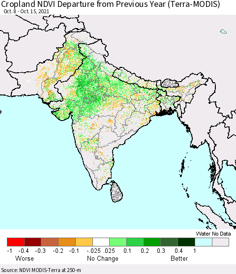 Southern Asia Cropland NDVI Departure from Previous Year (Terra-MODIS) Thematic Map For 10/8/2021 - 10/15/2021