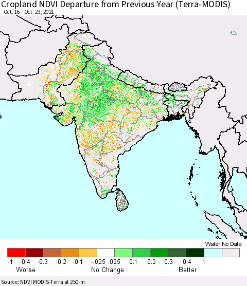 Southern Asia Cropland NDVI Departure from Previous Year (Terra-MODIS) Thematic Map For 10/16/2021 - 10/23/2021