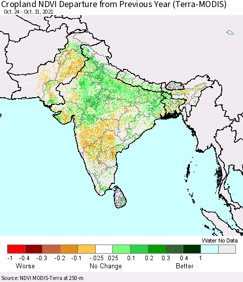 Southern Asia Cropland NDVI Departure from Previous Year (Terra-MODIS) Thematic Map For 10/21/2021 - 10/31/2021