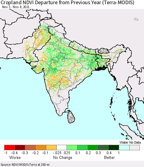 Southern Asia Cropland NDVI Departure from Previous Year (Terra-MODIS) Thematic Map For 11/1/2021 - 11/8/2021