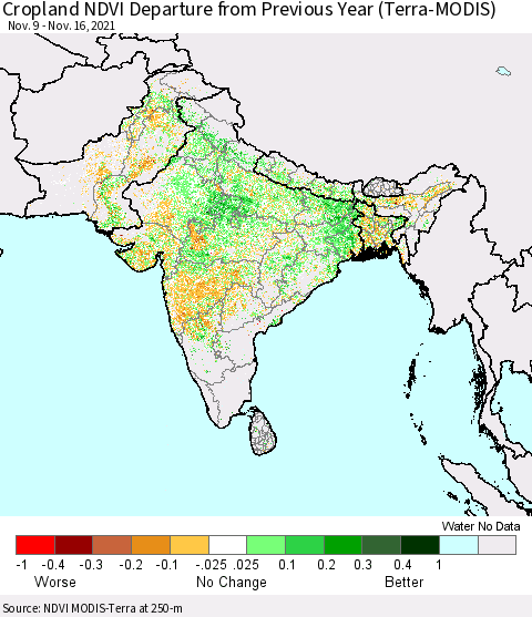Southern Asia Cropland NDVI Departure from Previous Year (Terra-MODIS) Thematic Map For 11/9/2021 - 11/16/2021