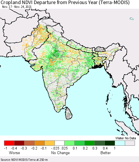 Southern Asia Cropland NDVI Departure from Previous Year (Terra-MODIS) Thematic Map For 11/17/2021 - 11/24/2021