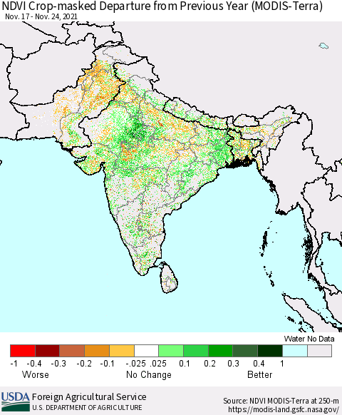 Southern Asia Cropland NDVI Departure from Previous Year (Terra-MODIS) Thematic Map For 11/21/2021 - 11/30/2021