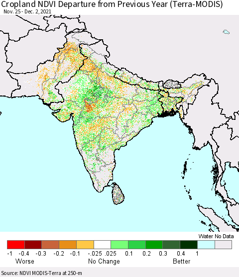 Southern Asia Cropland NDVI Departure from Previous Year (Terra-MODIS) Thematic Map For 11/25/2021 - 12/2/2021