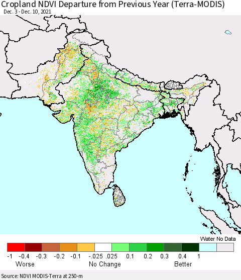 Southern Asia Cropland NDVI Departure from Previous Year (Terra-MODIS) Thematic Map For 12/3/2021 - 12/10/2021