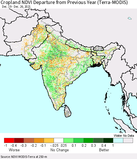 Southern Asia Cropland NDVI Departure from Previous Year (Terra-MODIS) Thematic Map For 12/19/2021 - 12/26/2021