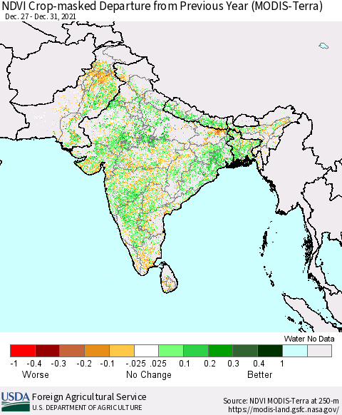 Southern Asia NDVI Crop-masked Departure from Previous Year (MODIS-Terra) Thematic Map For 12/21/2021 - 12/31/2021