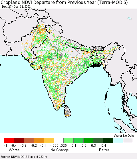 Southern Asia Cropland NDVI Departure from Previous Year (Terra-MODIS) Thematic Map For 12/26/2021 - 1/2/2022