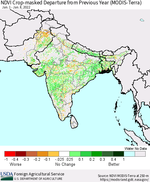 Southern Asia NDVI Crop-masked Departure from Previous Year (MODIS-Terra) Thematic Map For 1/1/2022 - 1/10/2022