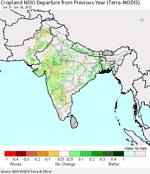 Southern Asia Cropland NDVI Departure from Previous Year (Terra-MODIS) Thematic Map For 1/9/2022 - 1/16/2022