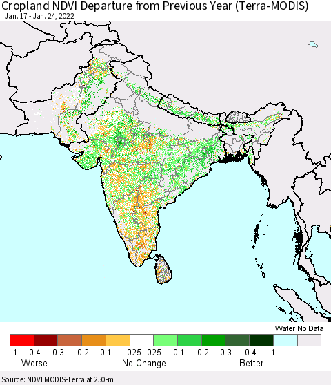 Southern Asia Cropland NDVI Departure from Previous Year (Terra-MODIS) Thematic Map For 1/17/2022 - 1/24/2022