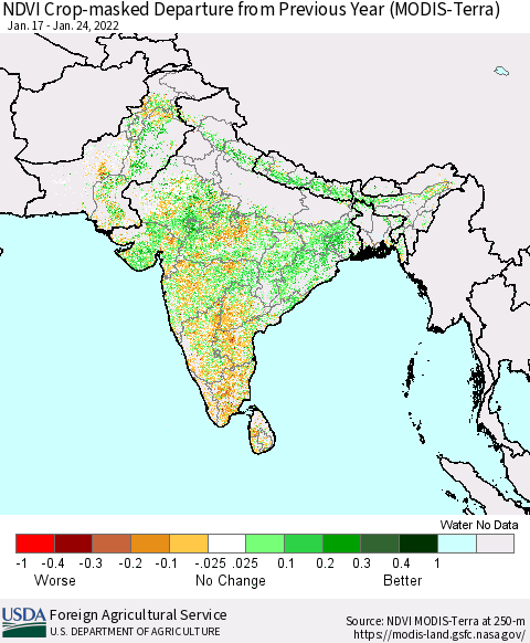 Southern Asia Cropland NDVI Departure from Previous Year (Terra-MODIS) Thematic Map For 1/21/2022 - 1/31/2022