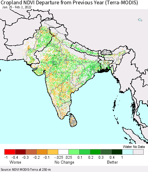 Southern Asia Cropland NDVI Departure from Previous Year (Terra-MODIS) Thematic Map For 1/25/2022 - 2/1/2022