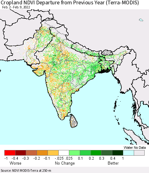 Southern Asia Cropland NDVI Departure from Previous Year (Terra-MODIS) Thematic Map For 2/2/2022 - 2/9/2022