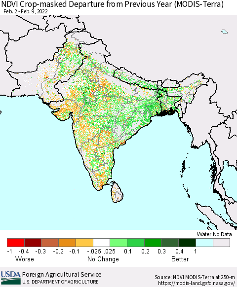 Southern Asia Cropland NDVI Departure from Previous Year (Terra-MODIS) Thematic Map For 2/1/2022 - 2/10/2022