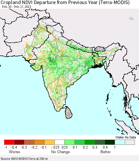 Southern Asia Cropland NDVI Departure from Previous Year (Terra-MODIS) Thematic Map For 2/10/2022 - 2/17/2022