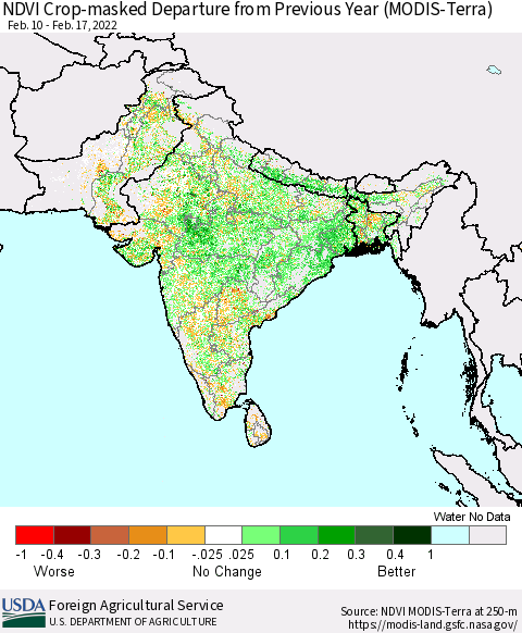 Southern Asia Cropland NDVI Departure from Previous Year (Terra-MODIS) Thematic Map For 2/11/2022 - 2/20/2022