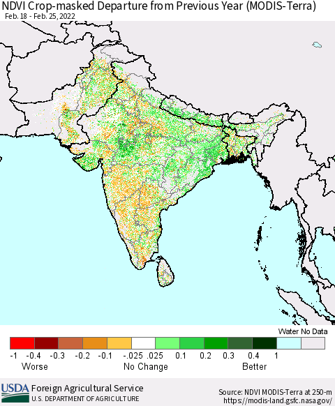 Southern Asia Cropland NDVI Departure from Previous Year (Terra-MODIS) Thematic Map For 2/21/2022 - 2/28/2022
