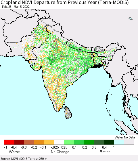 Southern Asia Cropland NDVI Departure from Previous Year (Terra-MODIS) Thematic Map For 2/26/2022 - 3/5/2022