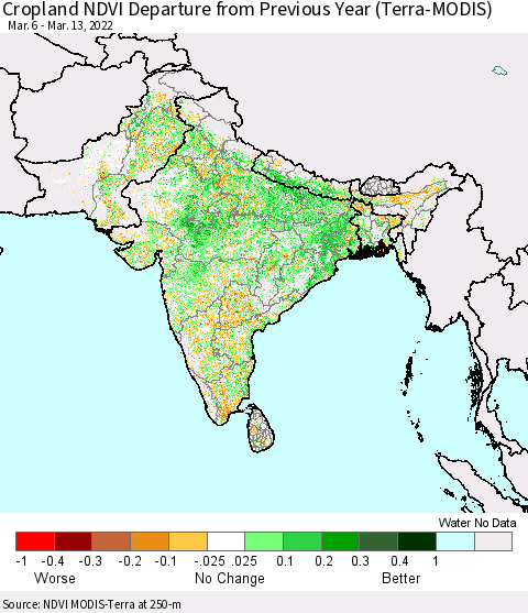 Southern Asia Cropland NDVI Departure from Previous Year (Terra-MODIS) Thematic Map For 3/6/2022 - 3/13/2022