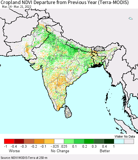 Southern Asia Cropland NDVI Departure from Previous Year (Terra-MODIS) Thematic Map For 3/14/2022 - 3/21/2022