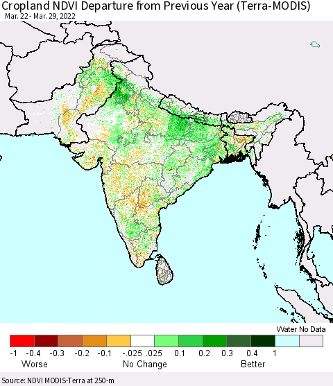 Southern Asia Cropland NDVI Departure from Previous Year (Terra-MODIS) Thematic Map For 3/22/2022 - 3/29/2022