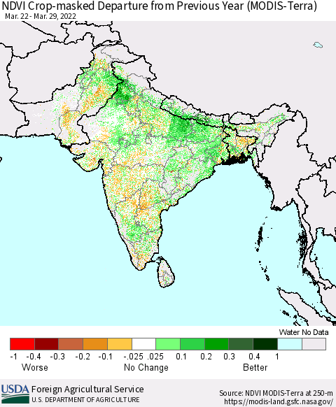 Southern Asia Cropland NDVI Departure from Previous Year (Terra-MODIS) Thematic Map For 3/21/2022 - 3/31/2022