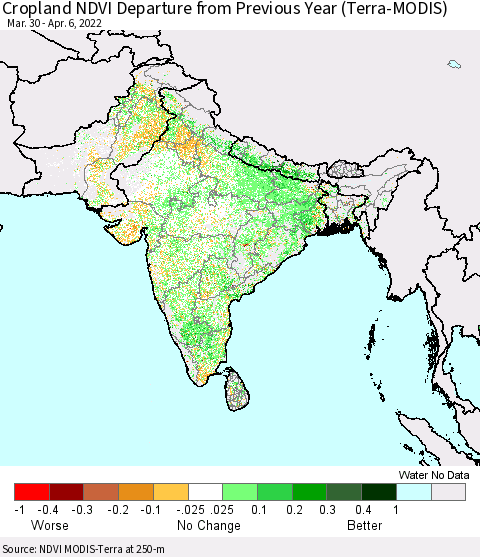 Southern Asia Cropland NDVI Departure from Previous Year (Terra-MODIS) Thematic Map For 3/30/2022 - 4/6/2022