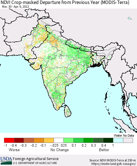 Southern Asia Cropland NDVI Departure from Previous Year (Terra-MODIS) Thematic Map For 4/1/2022 - 4/10/2022
