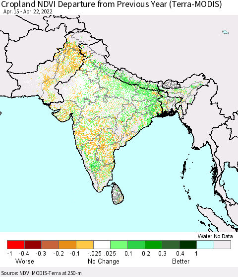 Southern Asia Cropland NDVI Departure from Previous Year (Terra-MODIS) Thematic Map For 4/15/2022 - 4/22/2022