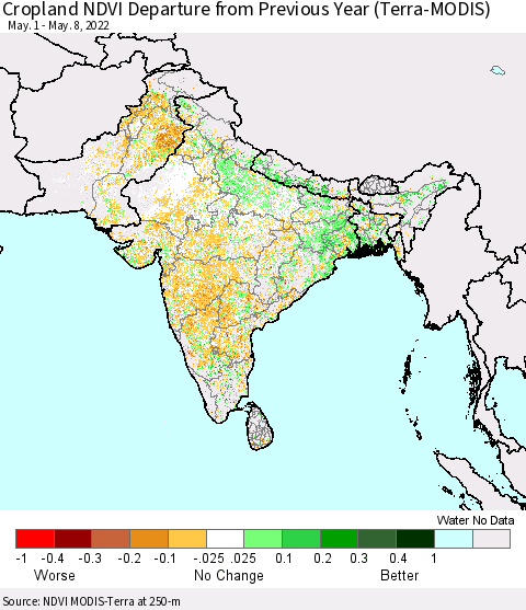 Southern Asia Cropland NDVI Departure from Previous Year (Terra-MODIS) Thematic Map For 5/1/2022 - 5/8/2022