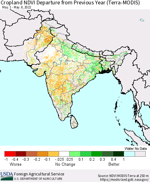 Southern Asia Cropland NDVI Departure from Previous Year (Terra-MODIS) Thematic Map For 5/1/2022 - 5/10/2022