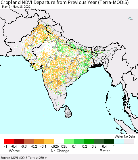 Southern Asia Cropland NDVI Departure from Previous Year (Terra-MODIS) Thematic Map For 5/9/2022 - 5/16/2022