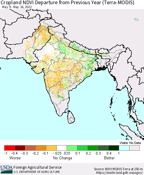 Southern Asia Cropland NDVI Departure from Previous Year (Terra-MODIS) Thematic Map For 5/11/2022 - 5/20/2022