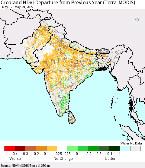 Southern Asia Cropland NDVI Departure from Previous Year (Terra-MODIS) Thematic Map For 5/17/2022 - 5/24/2022