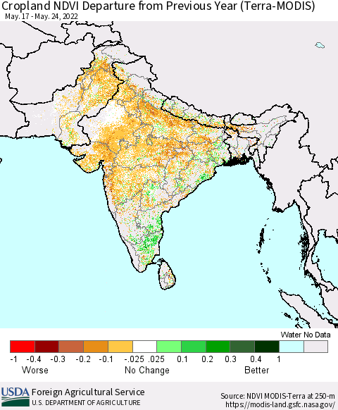 Southern Asia Cropland NDVI Departure from Previous Year (Terra-MODIS) Thematic Map For 5/21/2022 - 5/31/2022