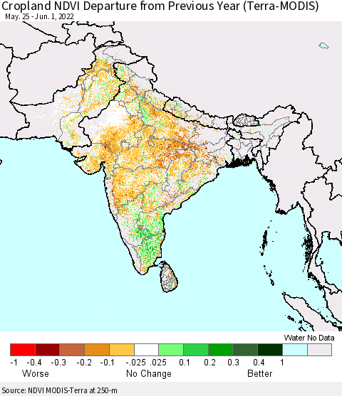Southern Asia Cropland NDVI Departure from Previous Year (Terra-MODIS) Thematic Map For 5/25/2022 - 6/1/2022