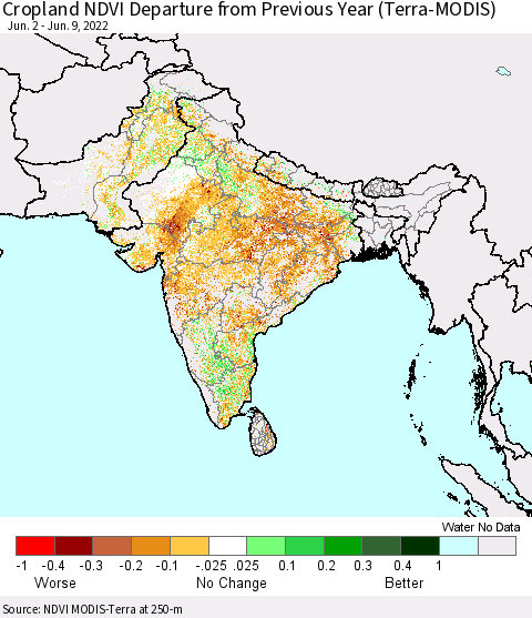 Southern Asia Cropland NDVI Departure from Previous Year (Terra-MODIS) Thematic Map For 6/2/2022 - 6/9/2022