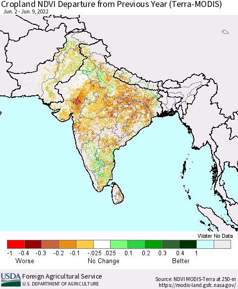 Southern Asia Cropland NDVI Departure from Previous Year (Terra-MODIS) Thematic Map For 6/1/2022 - 6/10/2022