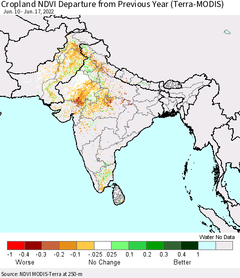 Southern Asia Cropland NDVI Departure from Previous Year (Terra-MODIS) Thematic Map For 6/10/2022 - 6/17/2022