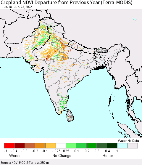 Southern Asia Cropland NDVI Departure from Previous Year (Terra-MODIS) Thematic Map For 6/18/2022 - 6/25/2022