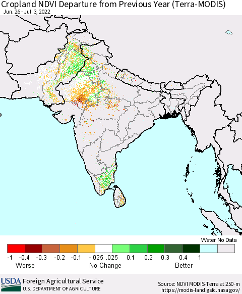 Southern Asia Cropland NDVI Departure from Previous Year (Terra-MODIS) Thematic Map For 7/1/2022 - 7/10/2022