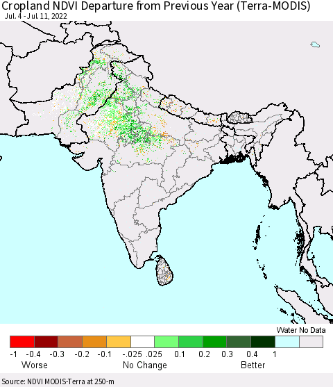 Southern Asia Cropland NDVI Departure from Previous Year (Terra-MODIS) Thematic Map For 7/4/2022 - 7/11/2022