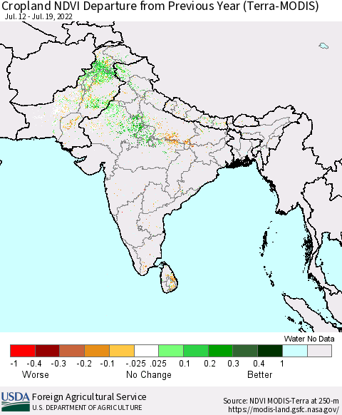 Southern Asia Cropland NDVI Departure from Previous Year (Terra-MODIS) Thematic Map For 7/11/2022 - 7/20/2022
