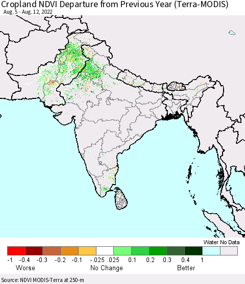 Southern Asia Cropland NDVI Departure from Previous Year (Terra-MODIS) Thematic Map For 8/5/2022 - 8/12/2022