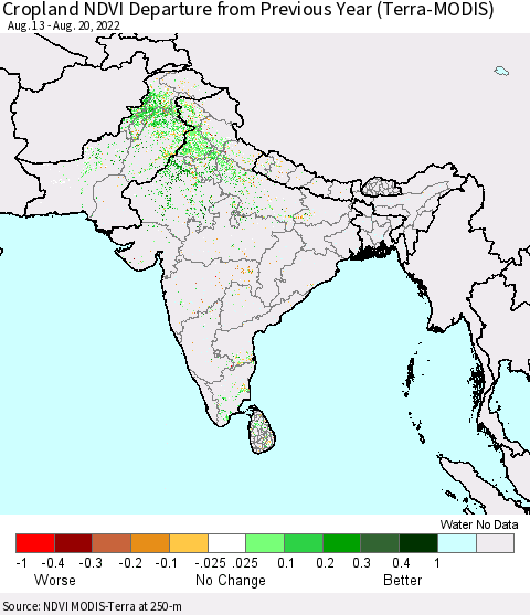 Southern Asia Cropland NDVI Departure from Previous Year (Terra-MODIS) Thematic Map For 8/13/2022 - 8/20/2022