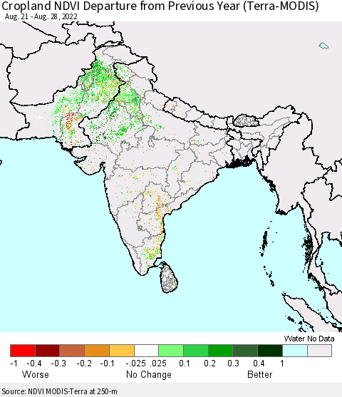 Southern Asia Cropland NDVI Departure from Previous Year (Terra-MODIS) Thematic Map For 8/21/2022 - 8/28/2022