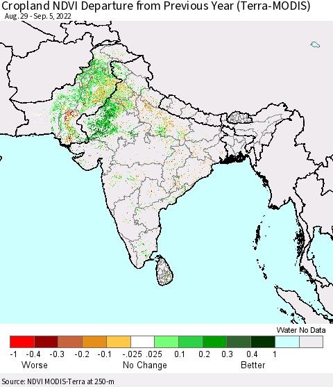 Southern Asia Cropland NDVI Departure from Previous Year (Terra-MODIS) Thematic Map For 8/29/2022 - 9/5/2022